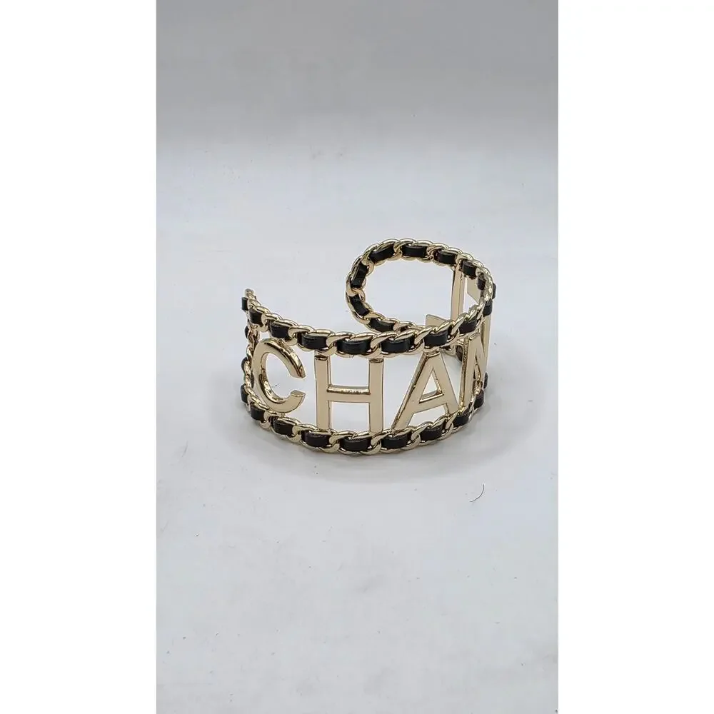 Chanel Gold-tone Leather 'CHANEL' Cuff Bracelet